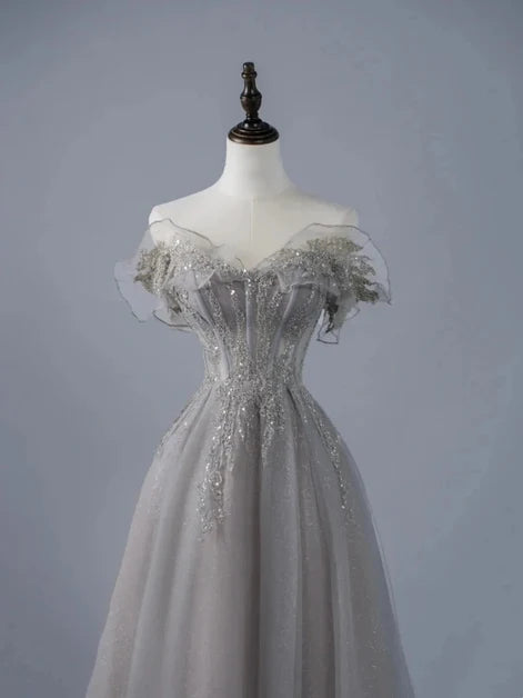 Grey Tulle A-Line Off-the-Shoulder Zipper Back Floor-Length Dress