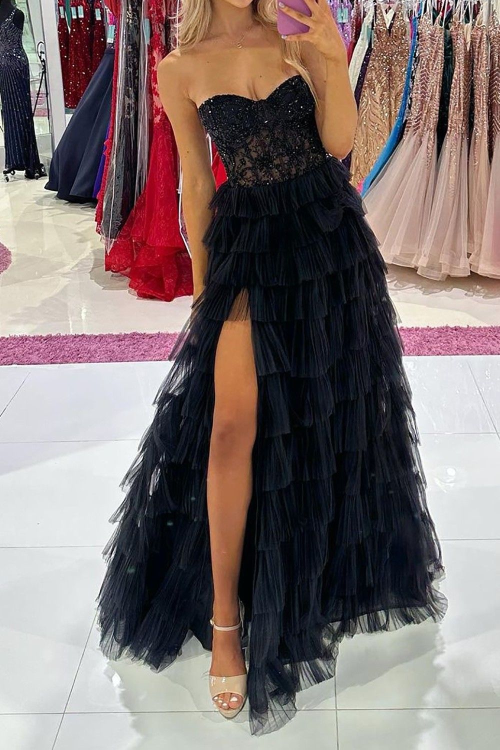 Weitese Stylish A Line Sweeteart Black Corset Prom Dress with Ruffles