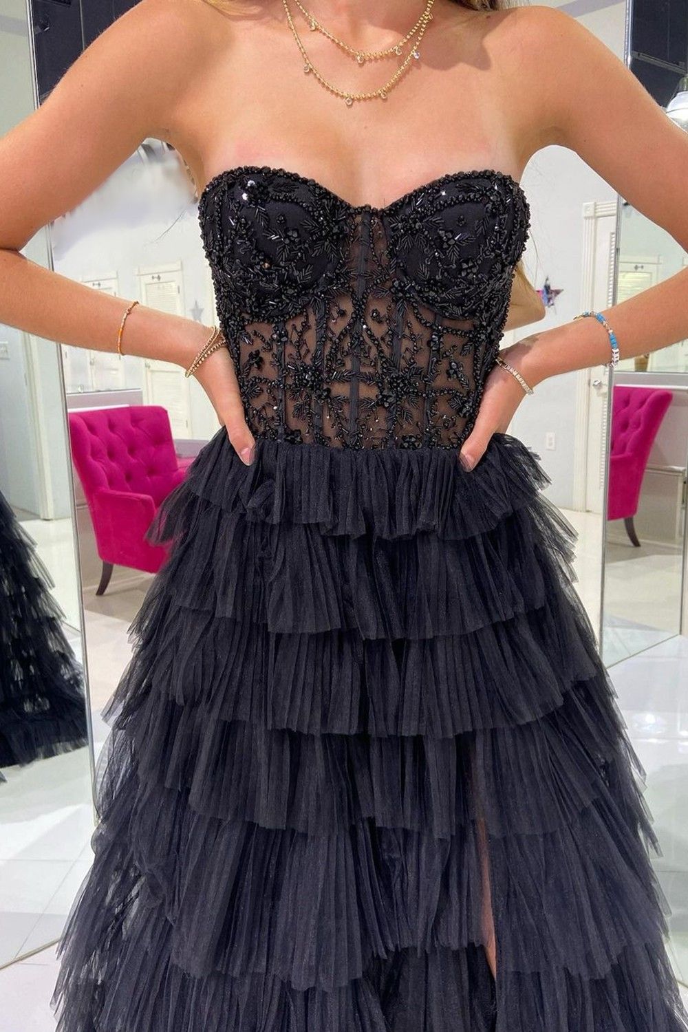 Weitese Stylish A Line Sweeteart Black Corset Prom Dress with Ruffles