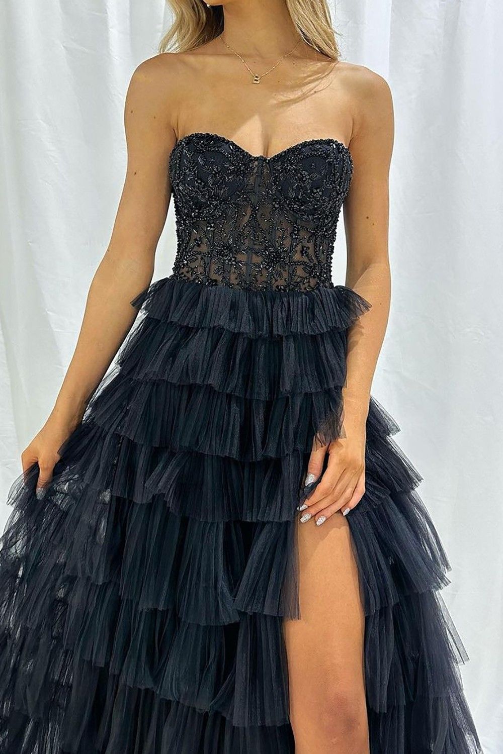 Weitese Stylish A Line Sweeteart Black Corset Prom Dress with Ruffles