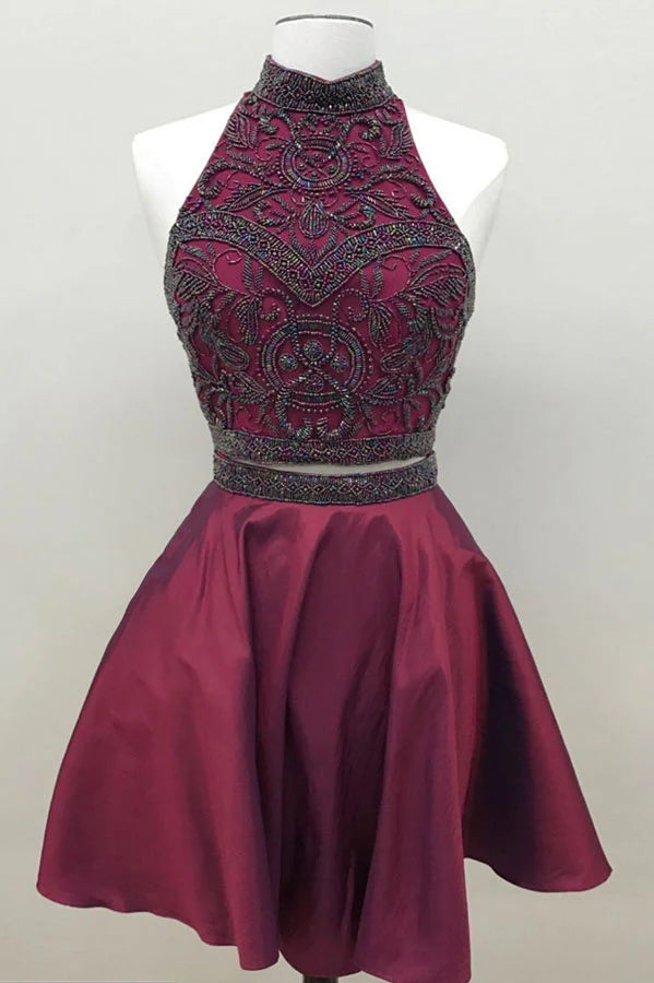 Robe de soirée courte bordeaux deux pièces à manches dénudées et perles