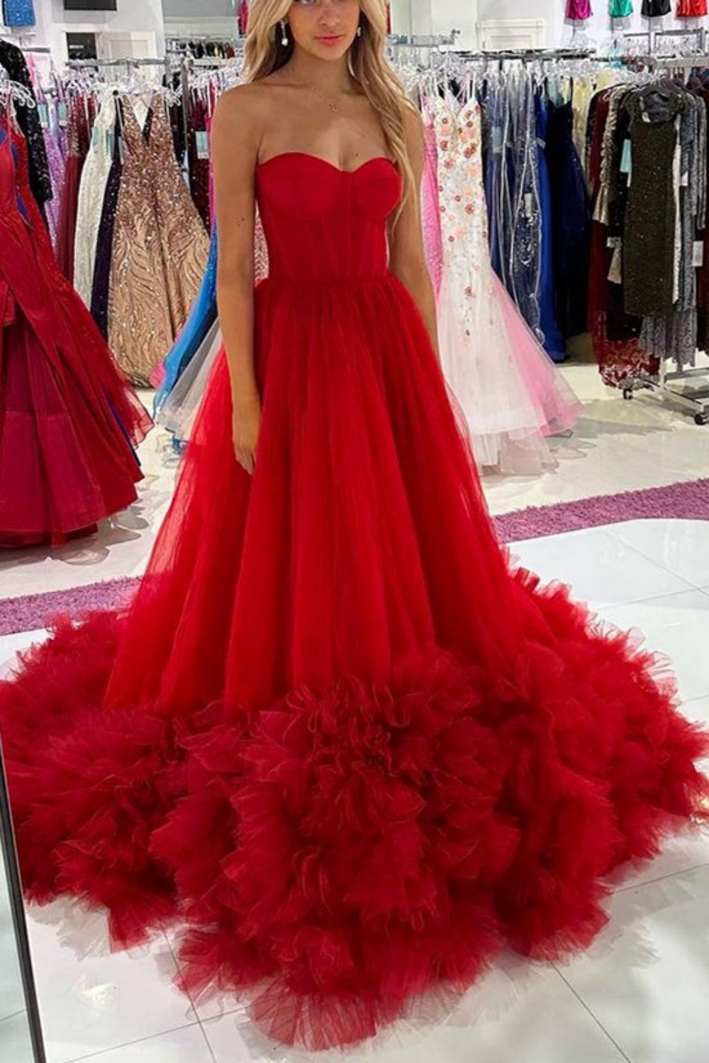 Weitese Charming A Line Sweetheart Red Corset Prom Dress with Ruffles