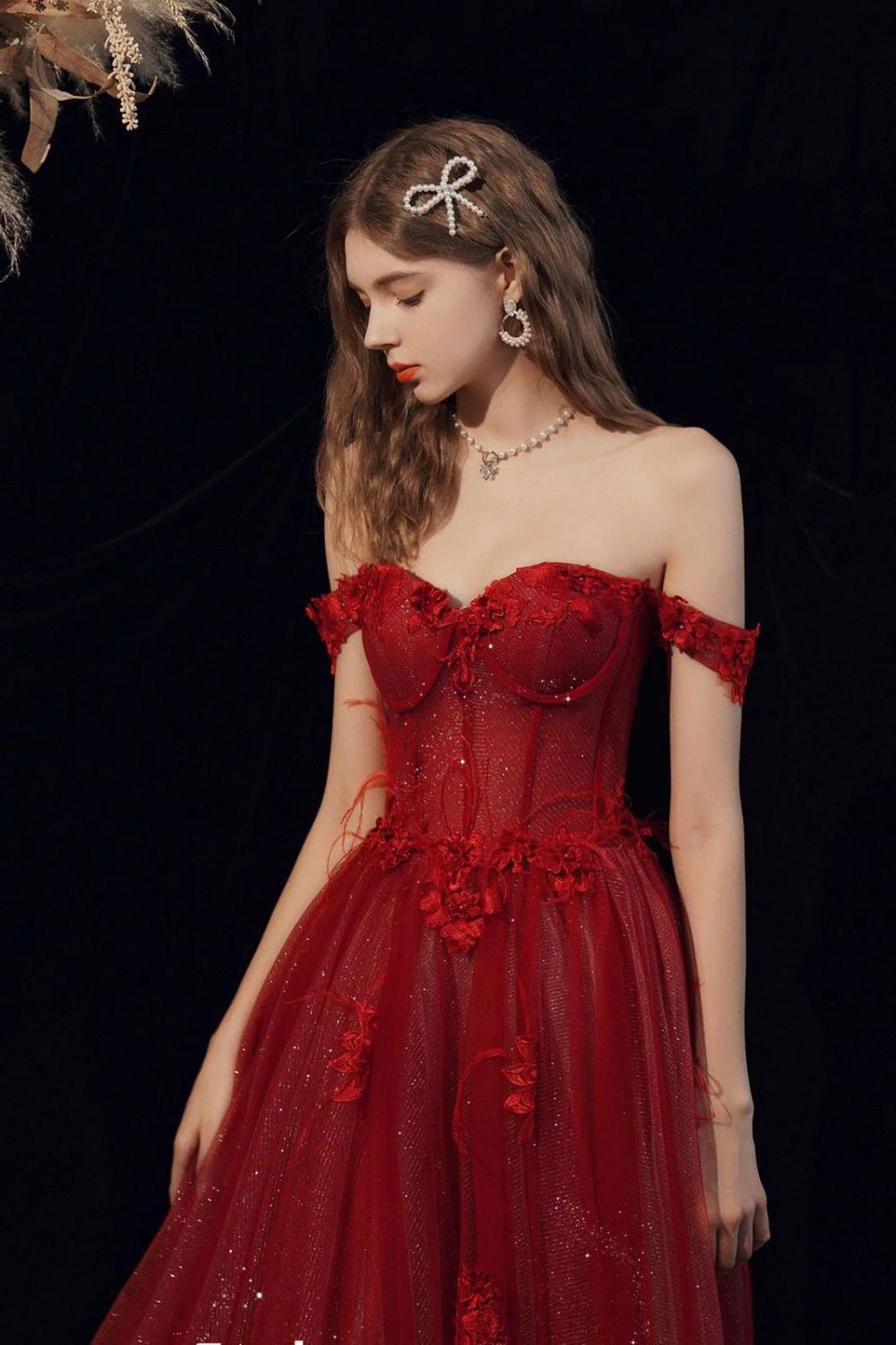 Weitese Gorgeous A Line Off the Shoulder Burgundy Long Formal Dress with Appliques