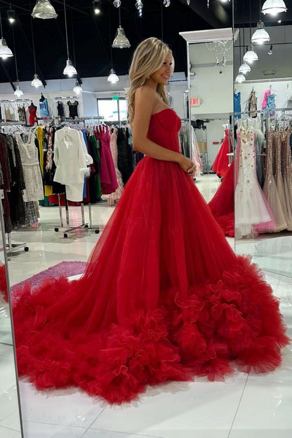 Weitese Charming A Line Sweetheart Red Corset Prom Dress with Ruffles