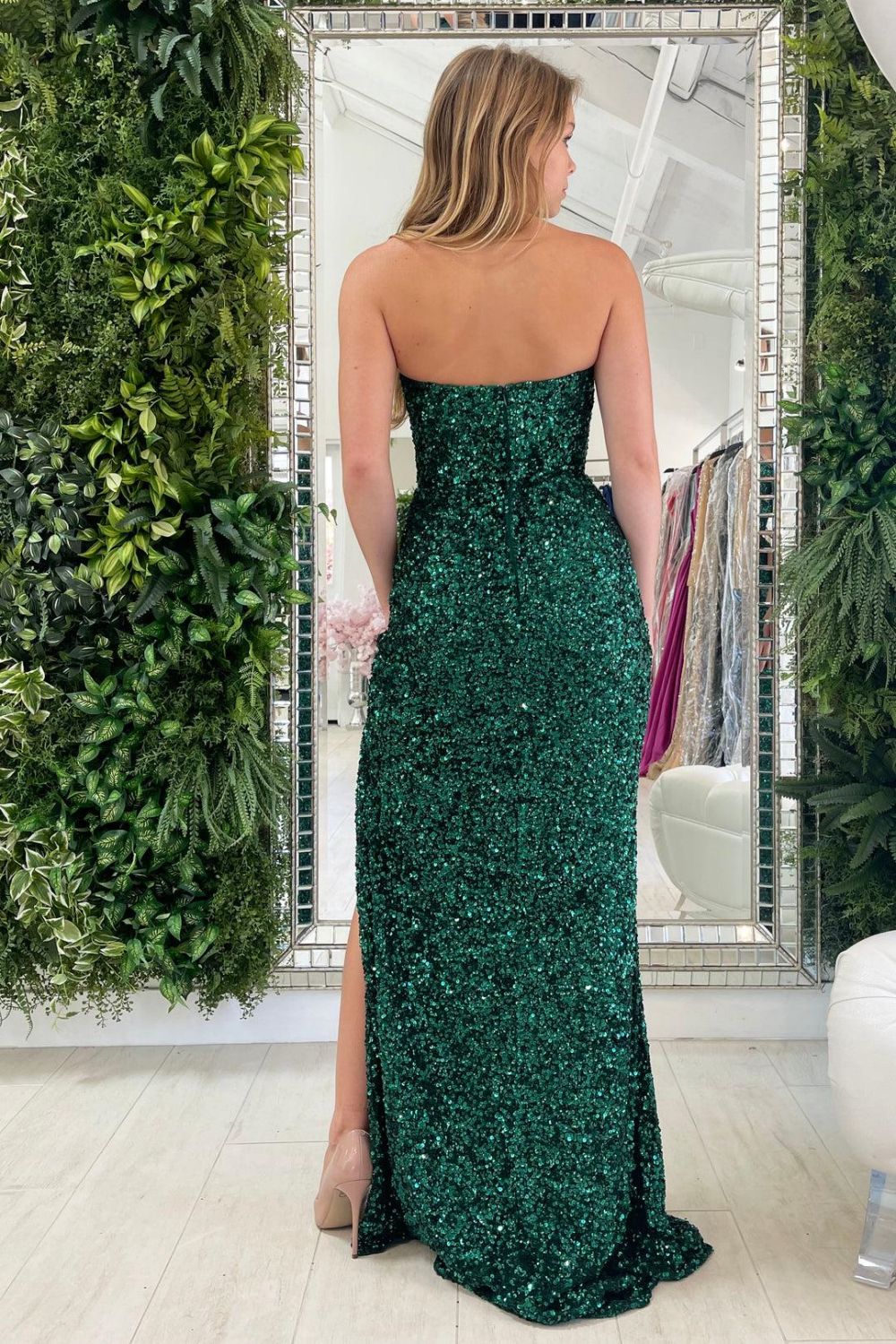 Weitese Sheath Sweetheart Green Sequins Long Prom Dress Evening Dress