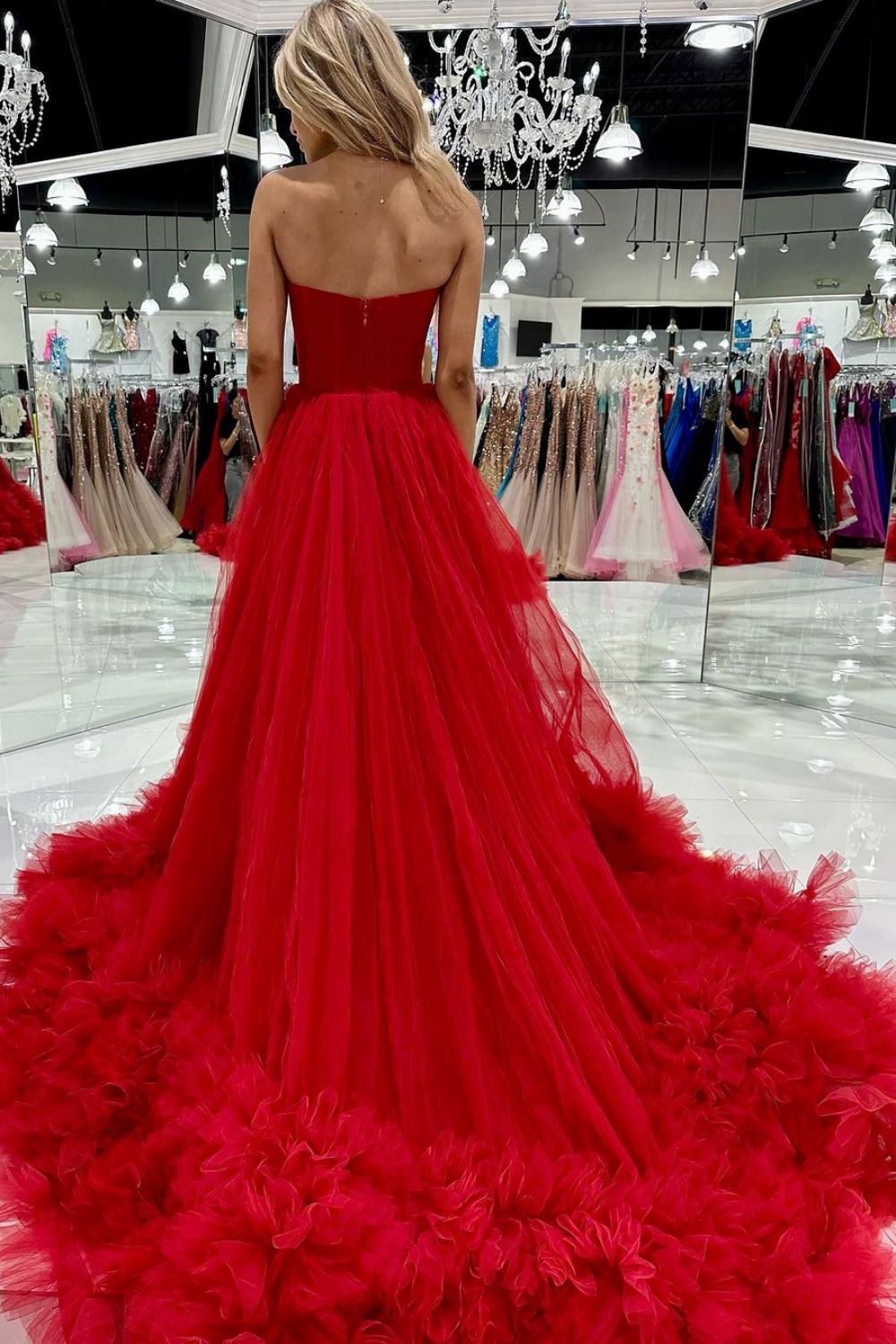 Weitese Charming A Line Sweetheart Red Corset Prom Dress with Ruffles
