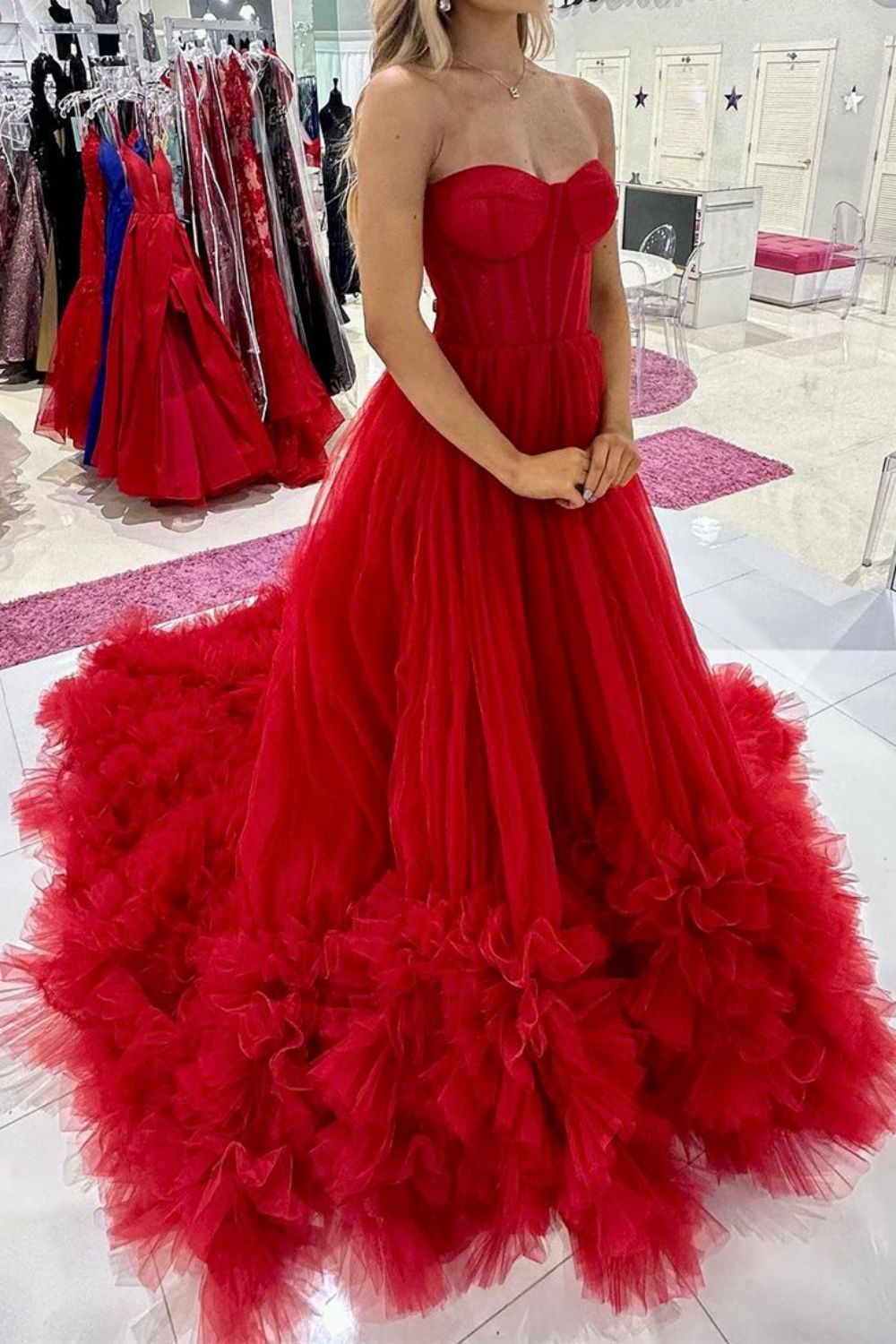 Weitese Charming A Line Sweetheart Red Corset Prom Dress with Ruffles