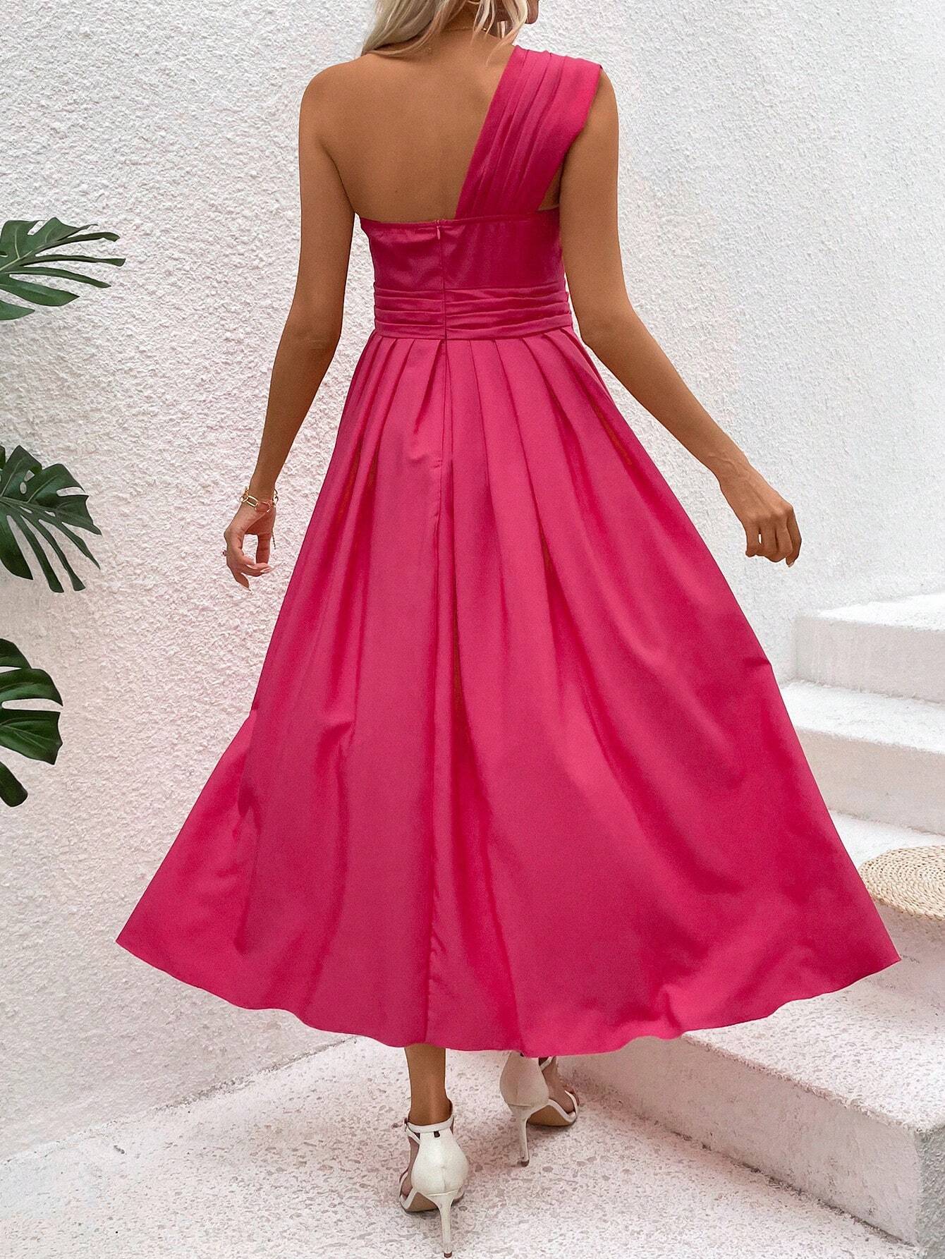 Weitese Women's Prom Dress Party Dress Wedding Guest Dress Long Dress Maxi Dress Fuchsia Sleeveless Plain Ruched Summer Spring Fall One Shoulder Elegant Wedding Guest Birthday Evening Party