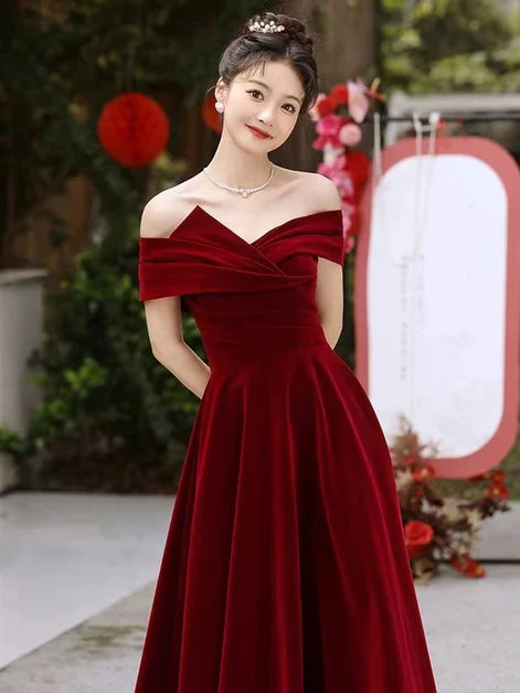 Burgundy Velvet A-Line Off-the-Shoulder Lace-Up Back Floor-Length Dress