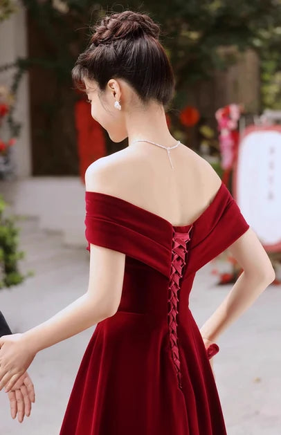 Burgundy Velvet A-Line Off-the-Shoulder Lace-Up Back Floor-Length Dress