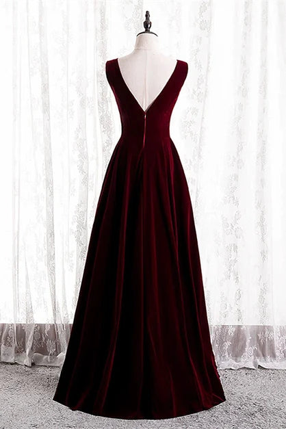 Burgundy Velvet A-Line V-Neck V-Back Floor-Length Dress