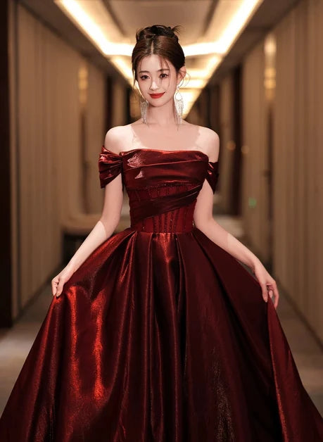 Burgundy Satin A-Line Off-the-Shoulder Lace-up Floor-Length Dress
