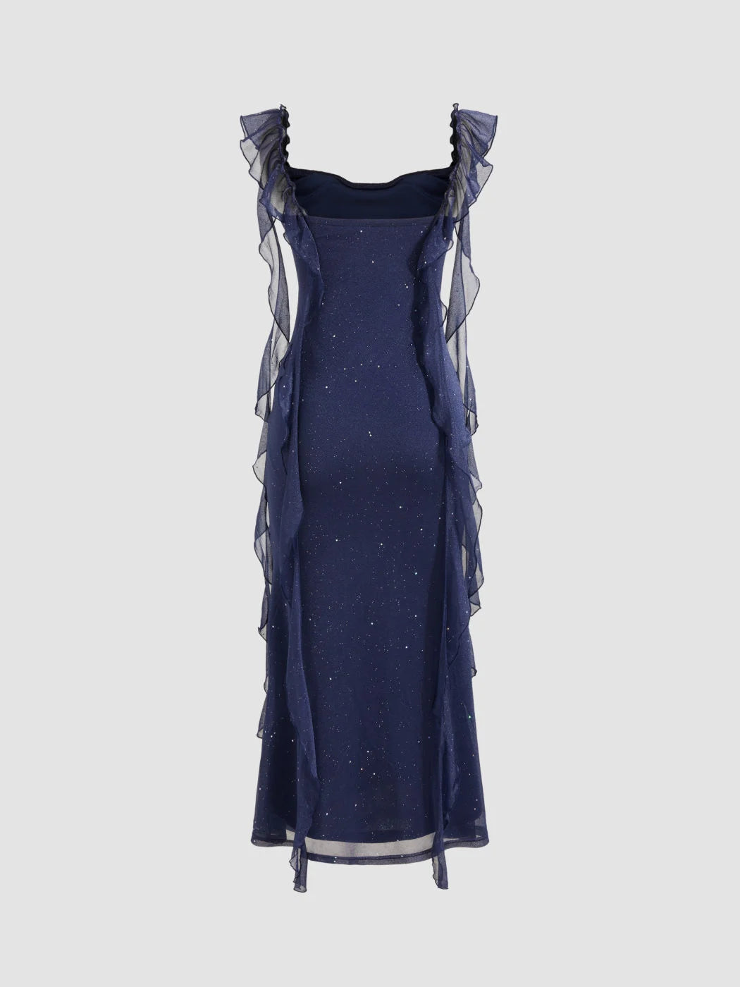 Navy Blue Glitter Mesh Sheath Cowl Neck Zipper Back Ankle Length Dress