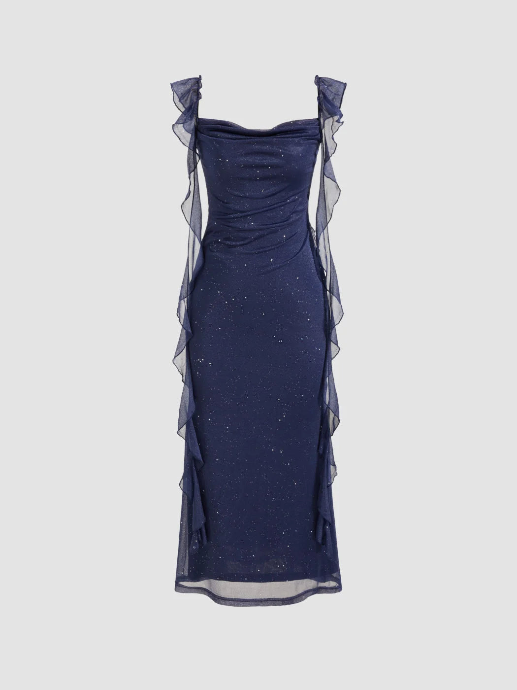 Navy Blue Glitter Mesh Sheath Cowl Neck Zipper Back Ankle Length Dress