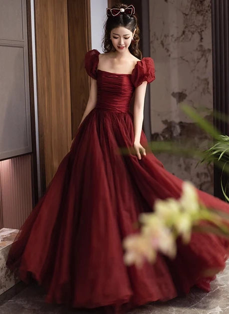 Burgundy Tulle ball-gown square-neck lace-up-back floor-length Dress
