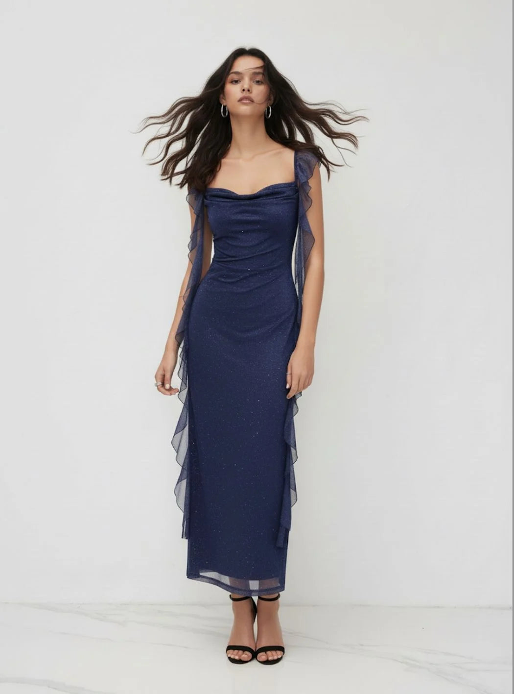 Navy Blue Glitter Mesh Sheath Cowl Neck Zipper Back Ankle Length Dress