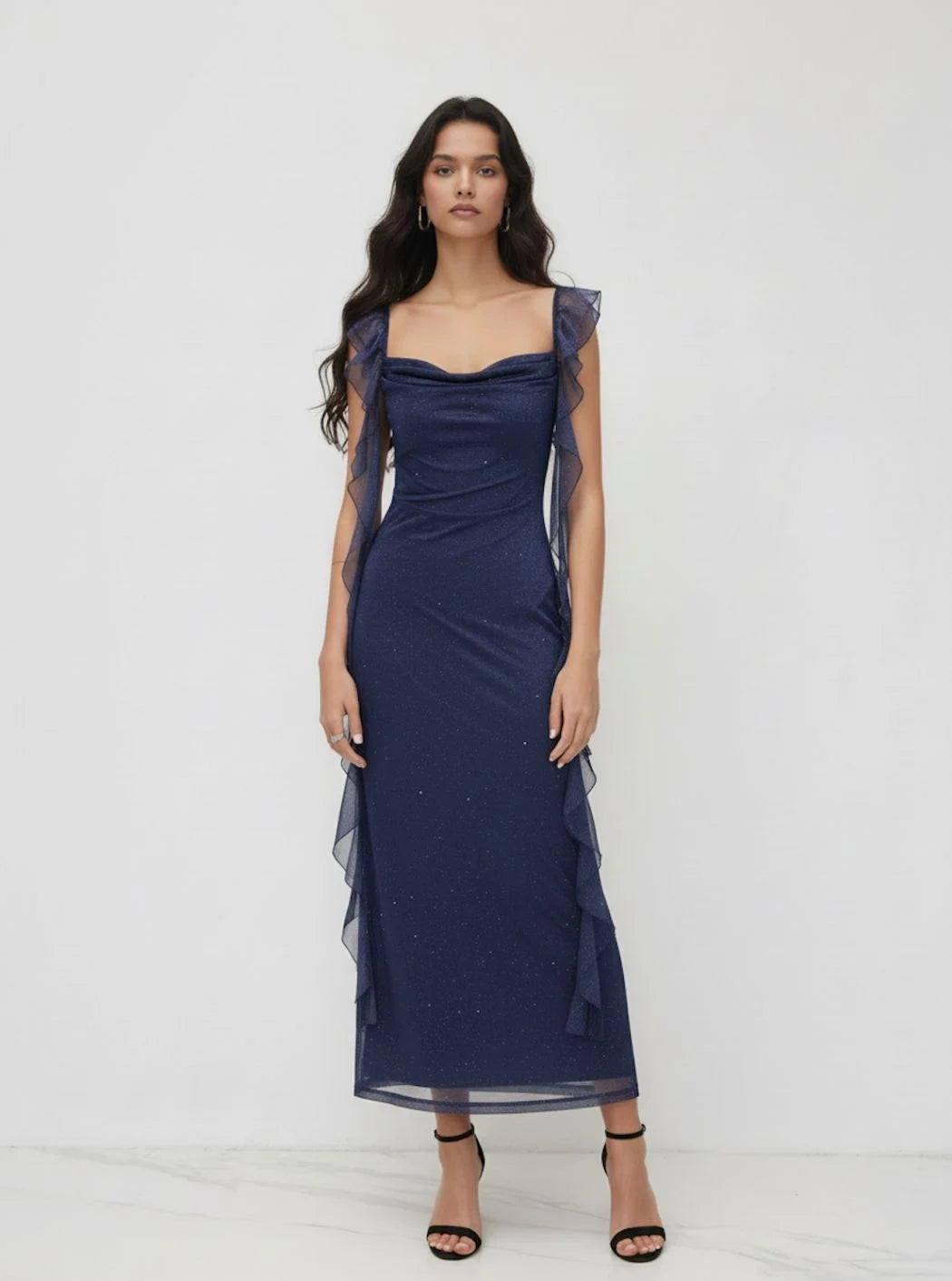 Navy Blue Glitter Mesh Sheath Cowl Neck Zipper Back Ankle Length Dress
