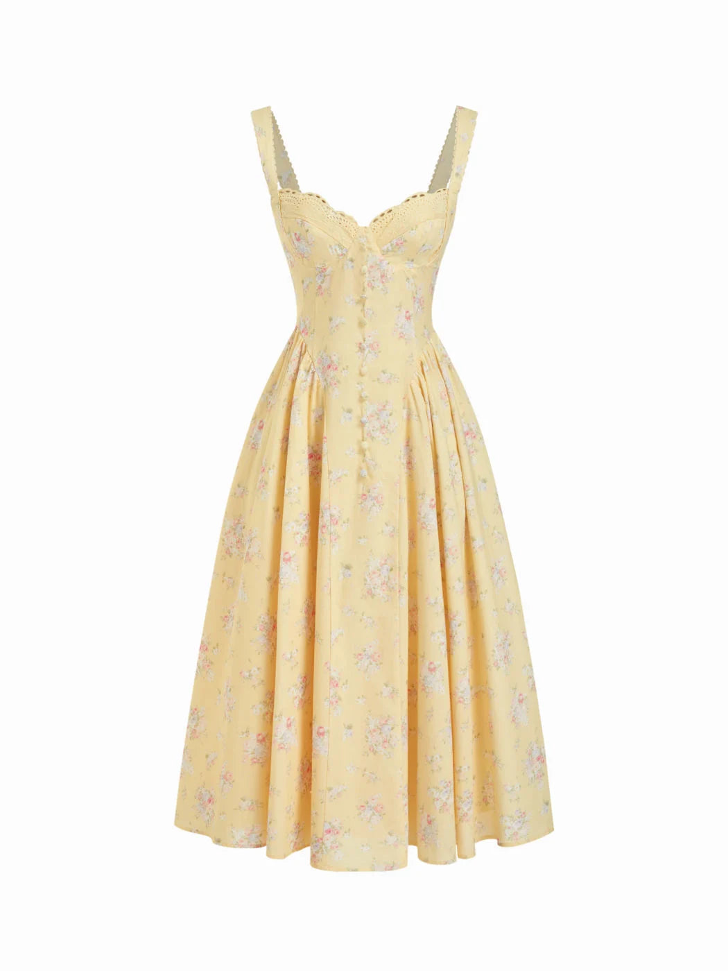 Butter Yellow Floral Cotton Blend A-Line Sweetheart Lace-Up Back Midi Dress