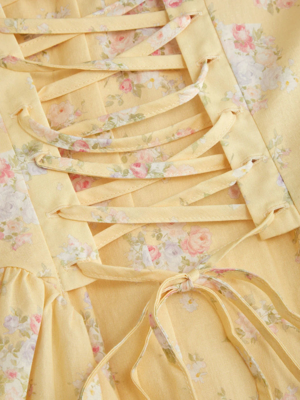 Butter Yellow Floral Cotton Blend A-Line Sweetheart Lace-Up Back Midi Dress