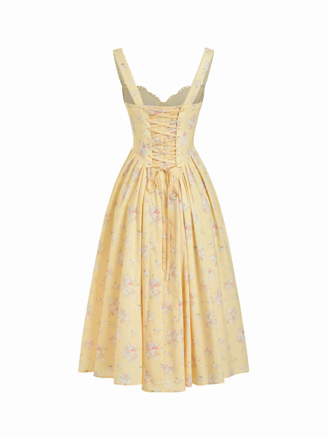 Butter Yellow Floral Cotton Blend A-Line Sweetheart Lace-Up Back Midi Dress