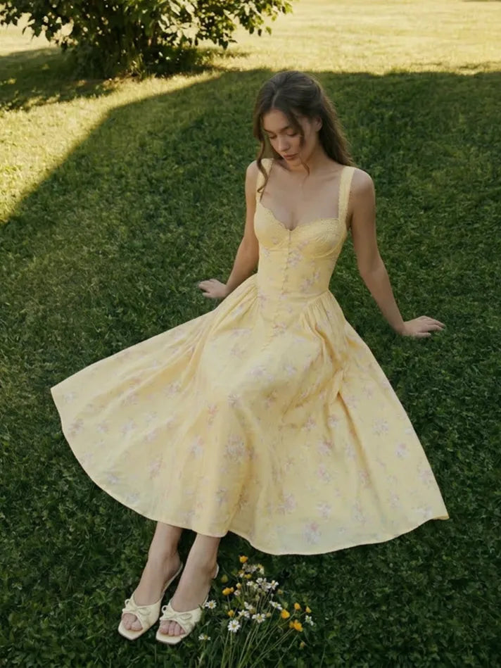 Butter Yellow Floral Cotton Blend A-Line Sweetheart Lace-Up Back Midi Dress