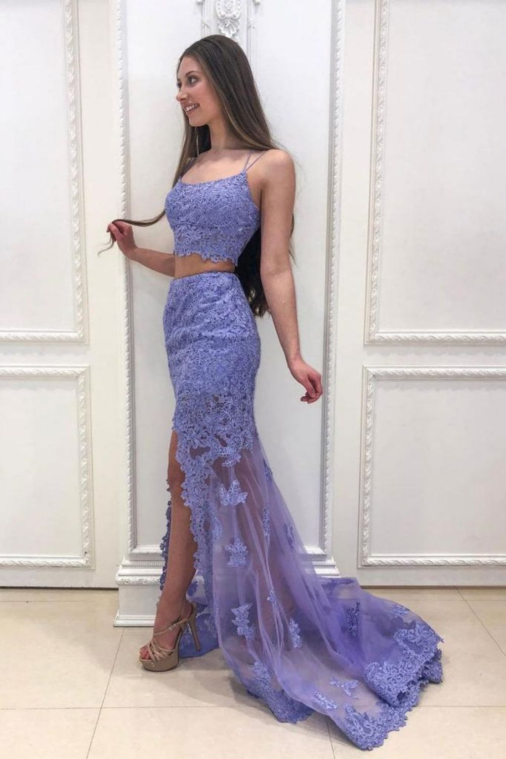 Weitese Two Piece Spaghetti Straps Lavender Lace Long Prom Dress