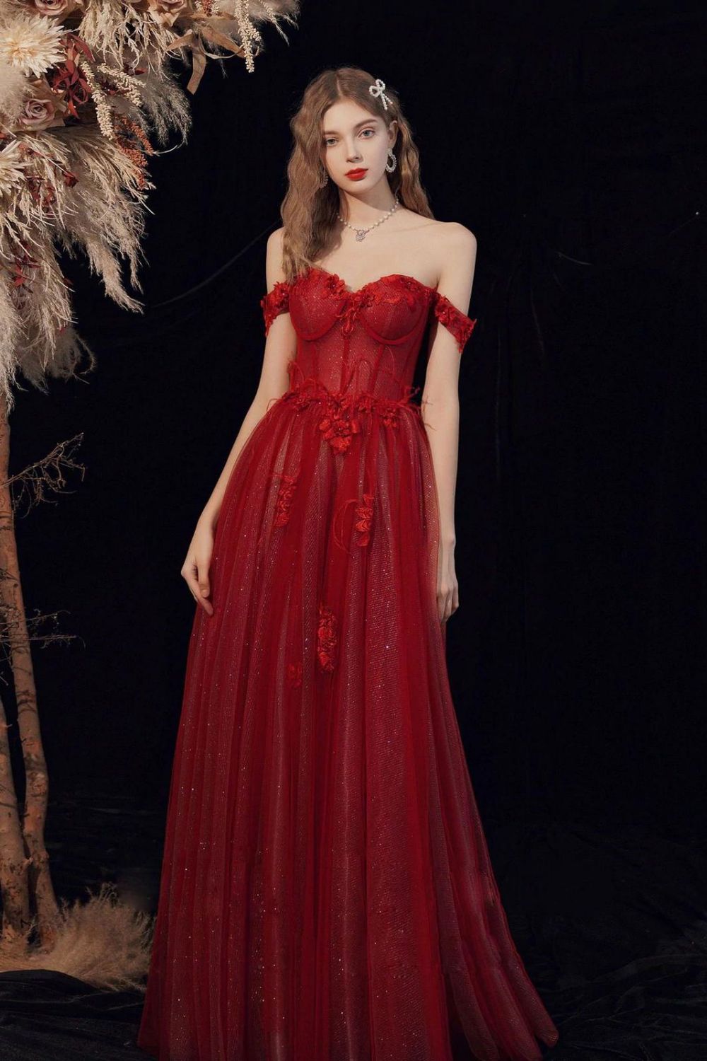Weitese Gorgeous A Line Off the Shoulder Burgundy Long Formal Dress with Appliques