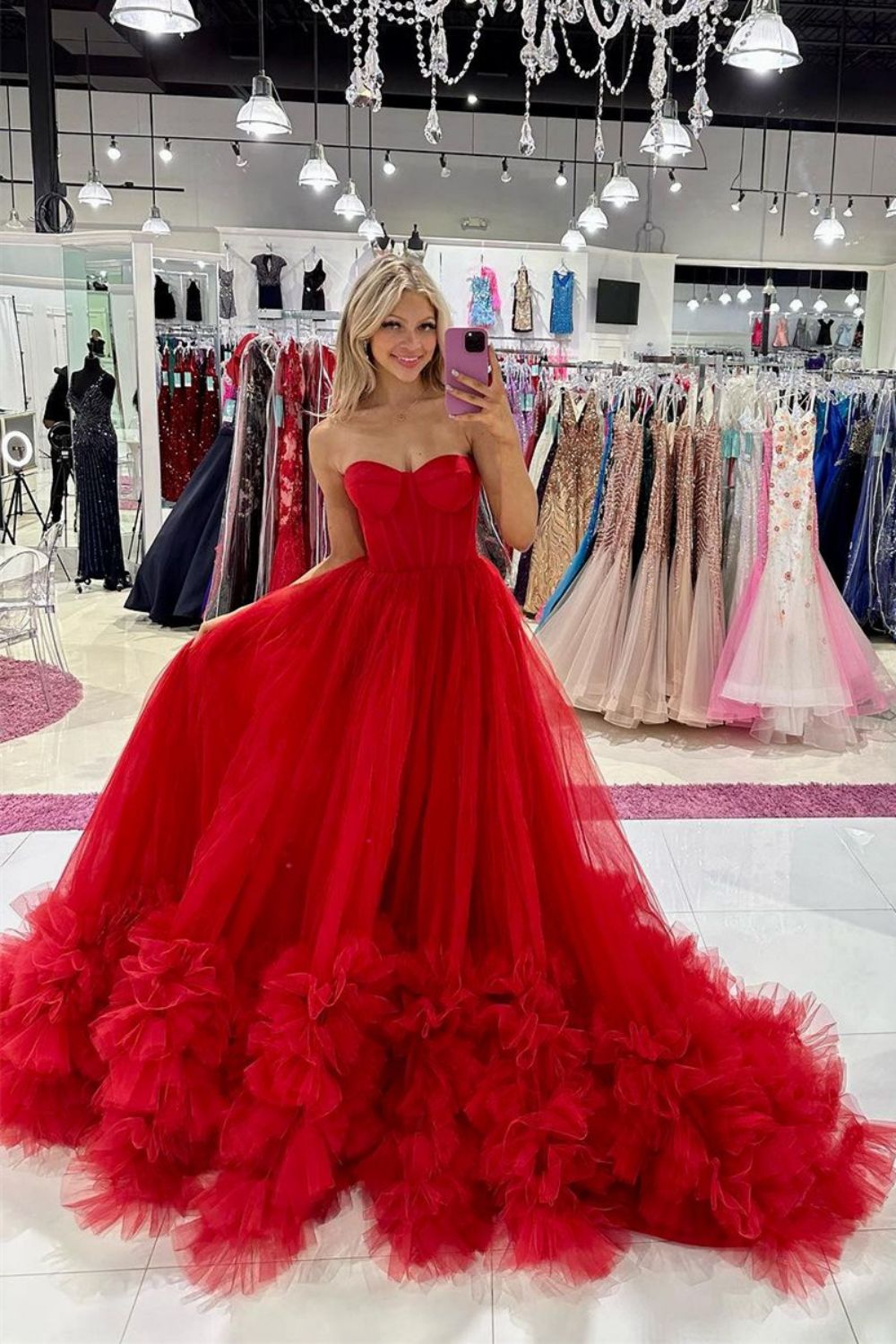 Weitese Charming A Line Sweetheart Red Corset Prom Dress with Ruffles