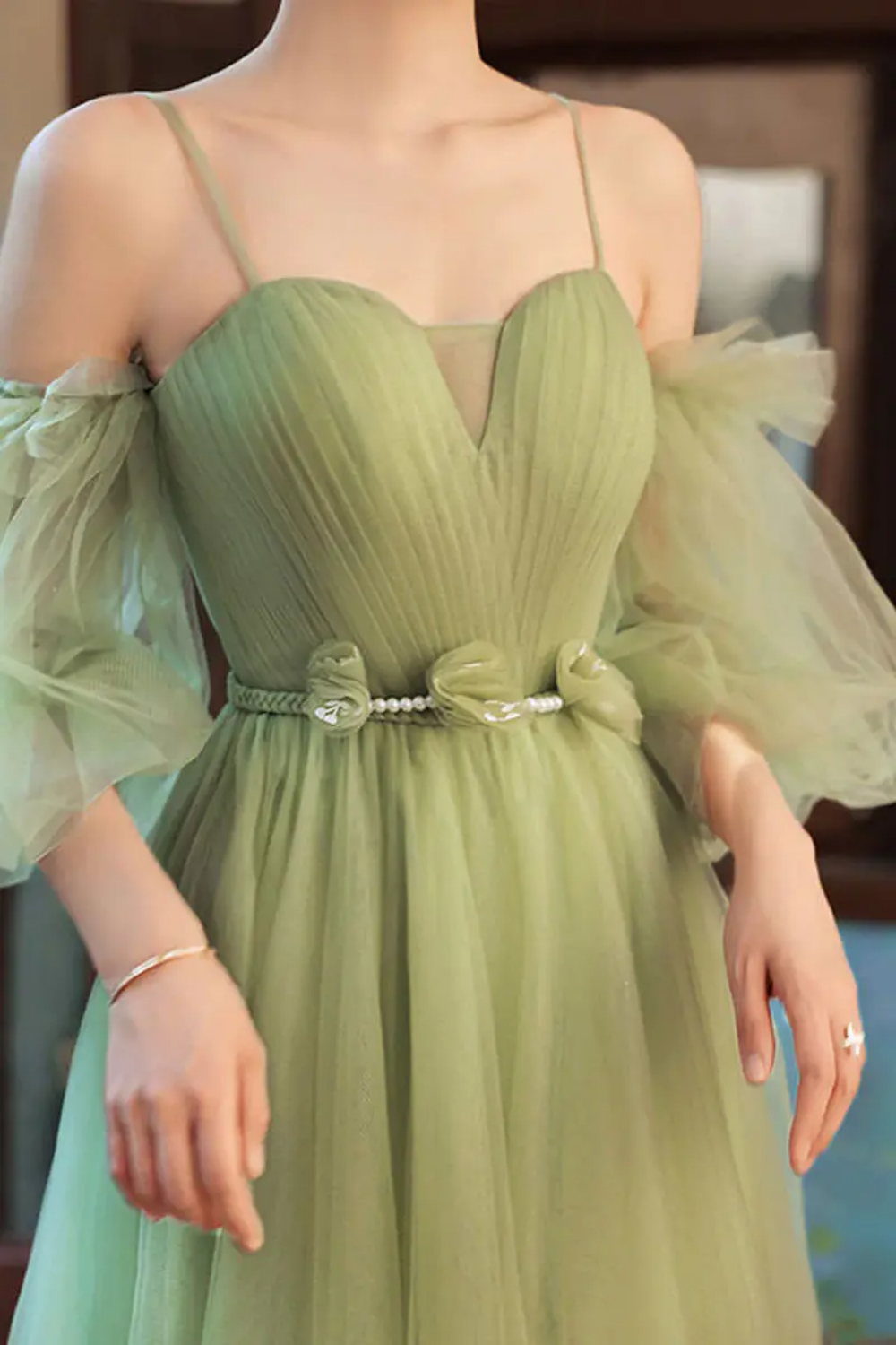 Weitese Charming A Line Off the Shoulder Green Floor Length Prom Dress