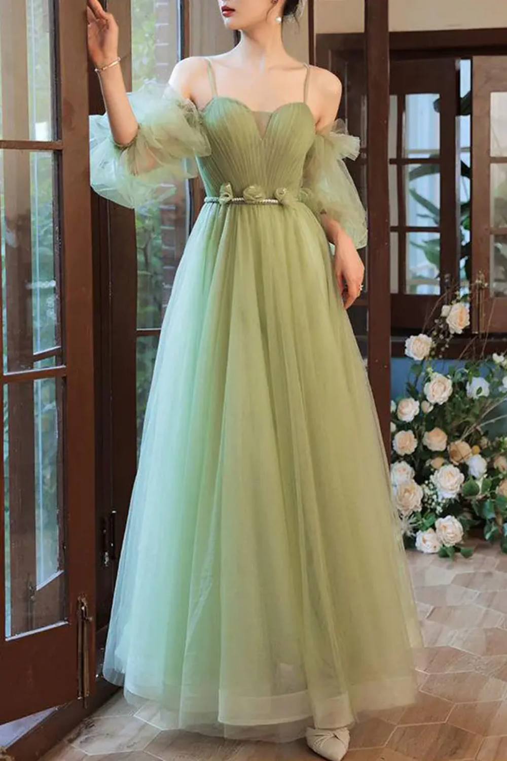 Weitese Charming A Line Off the Shoulder Green Floor Length Prom Dress