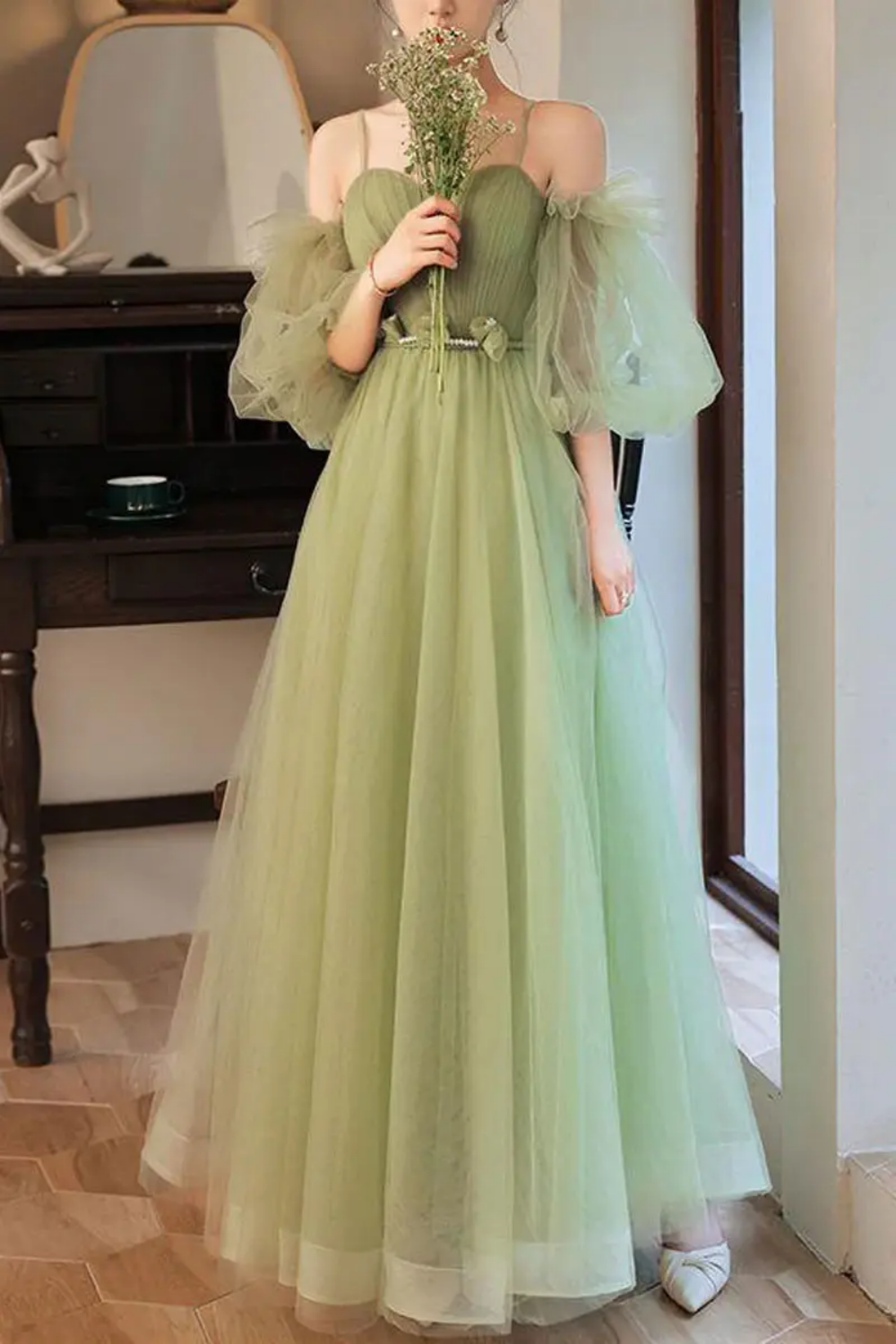 Weitese Charming A Line Off the Shoulder Green Floor Length Prom Dress