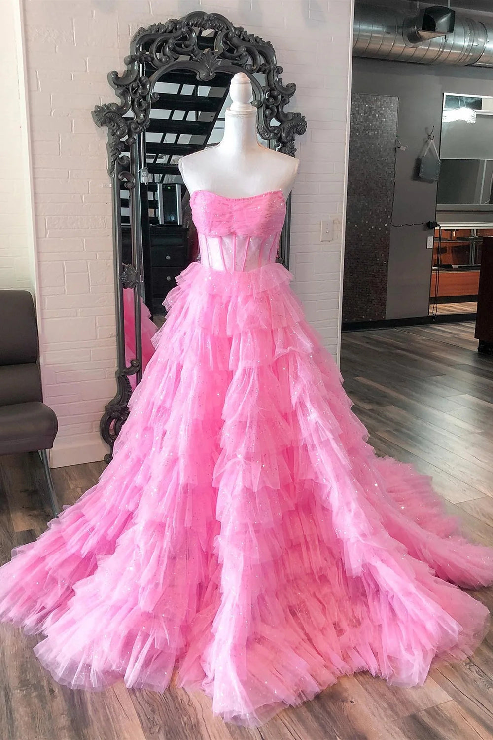 Weitese Sweet A-Line Strapless Long Tiered Glitter Tulle Prom Dress