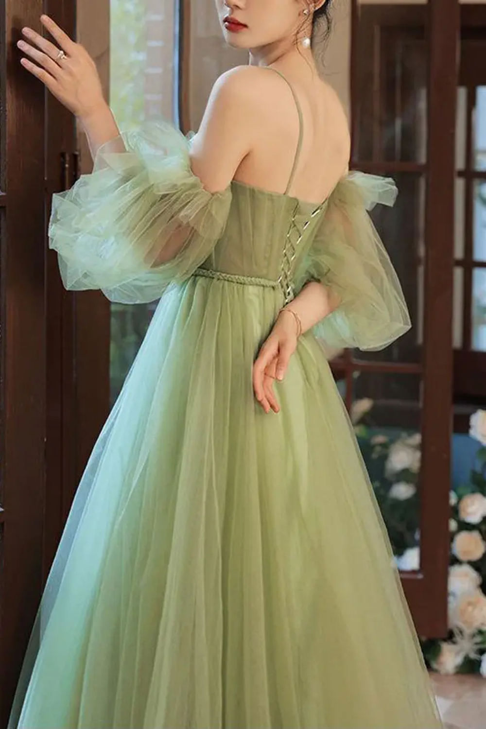 Weitese Charming A Line Off the Shoulder Green Floor Length Prom Dress