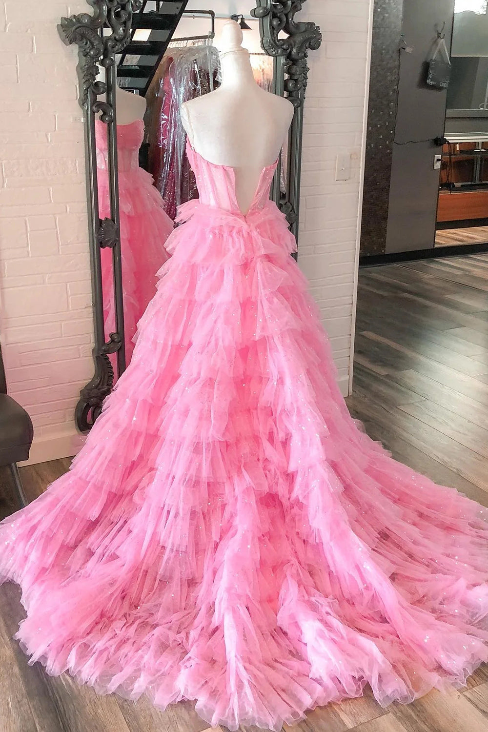 Weitese Sweet A-Line Strapless Long Tiered Glitter Tulle Prom Dress