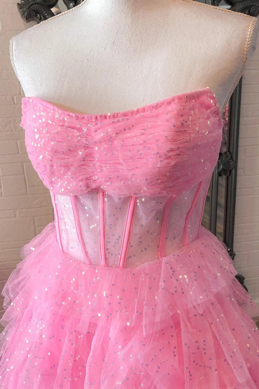 Weitese Sweet A-Line Strapless Long Tiered Glitter Tulle Prom Dress