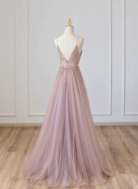Dusty Rose Tulle A-Line V-Neck V-Back Floor-Length Dress