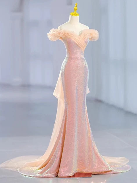 Blushing Pink Sequin and Tulle Mermaid Off-the-Shoulder Floor-Length Dress