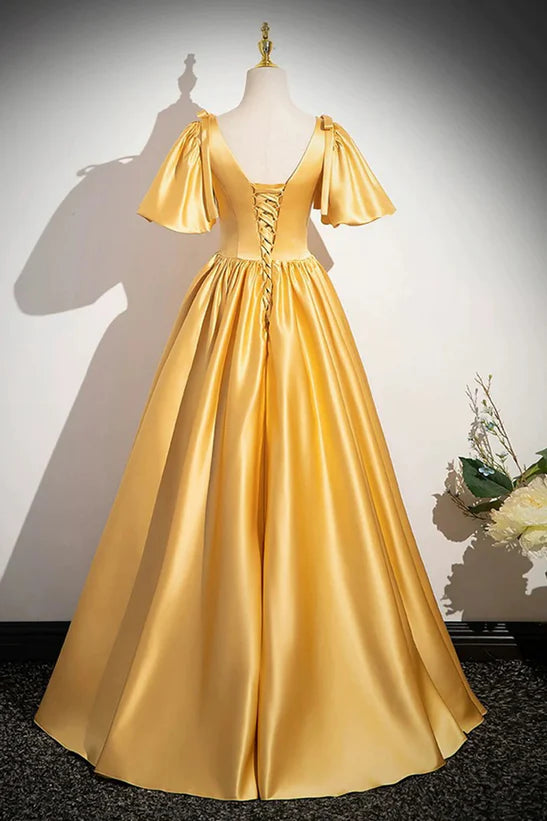 Vestido de fiesta largo de satén amarillo con escote en V y corte A