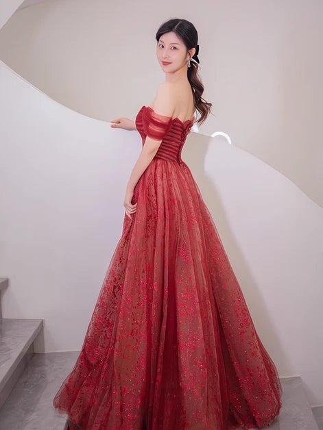 Burgundy Glitter Tulle A-Line Sweetheart Lace-Up Back Floor-Length Dress