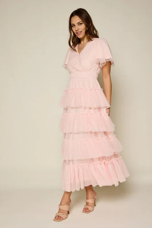 A-line Short Sleeves Multi-Storey Prom Dress