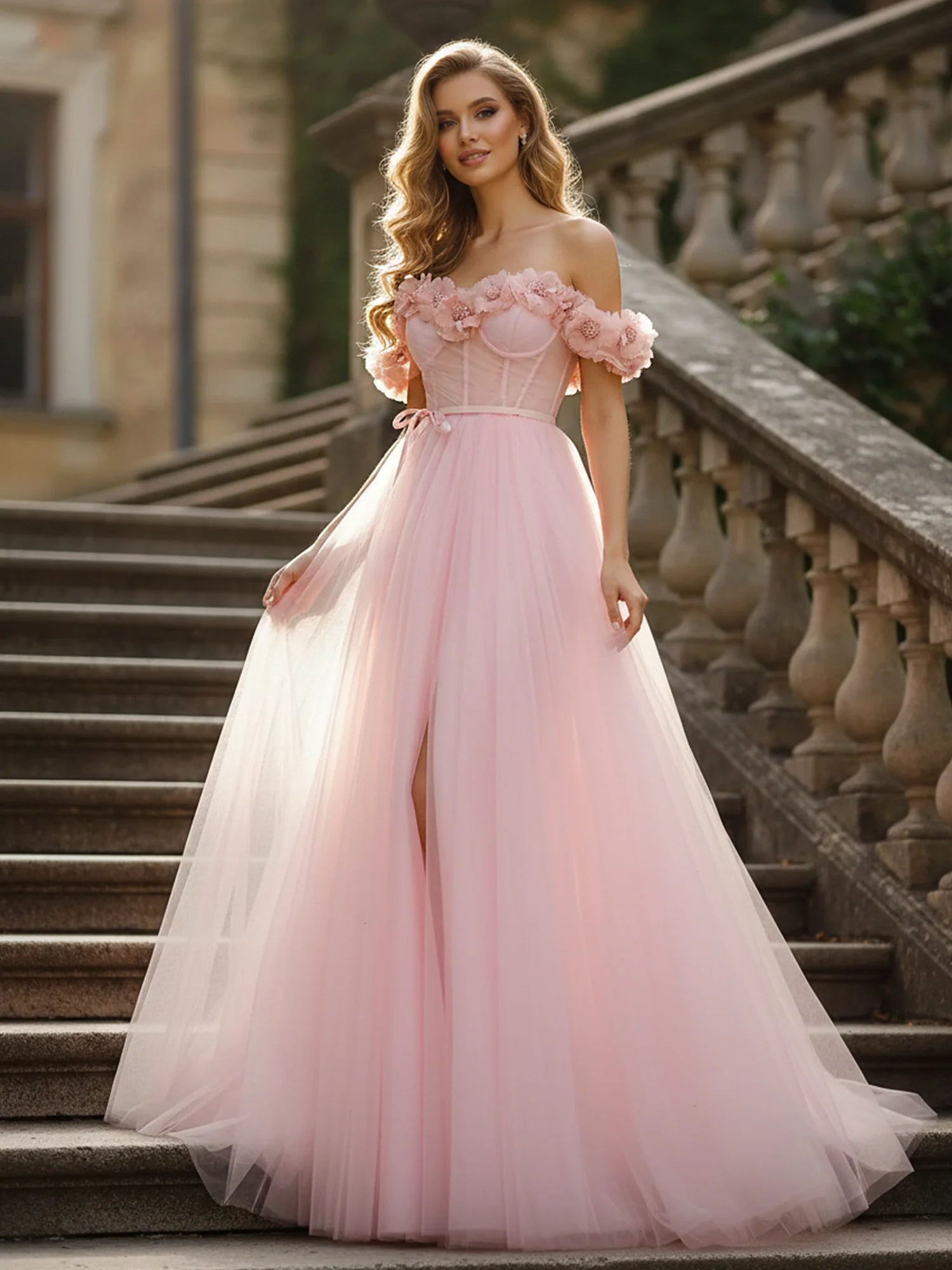 Blushing Pink Tulle a-line off-the-shoulder zipper-back floor-length Dress