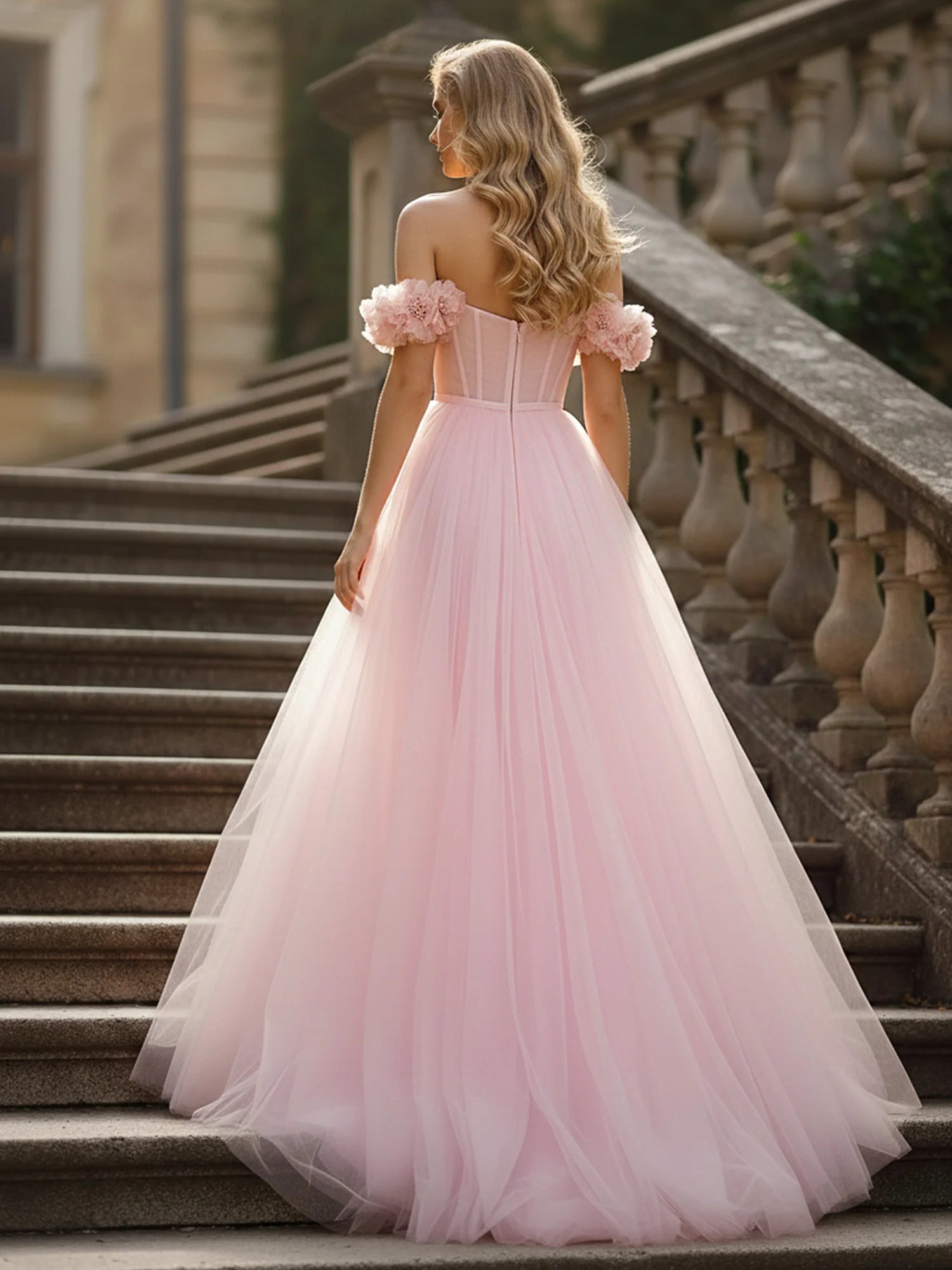 Blushing Pink Tulle a-line off-the-shoulder zipper-back floor-length Dress
