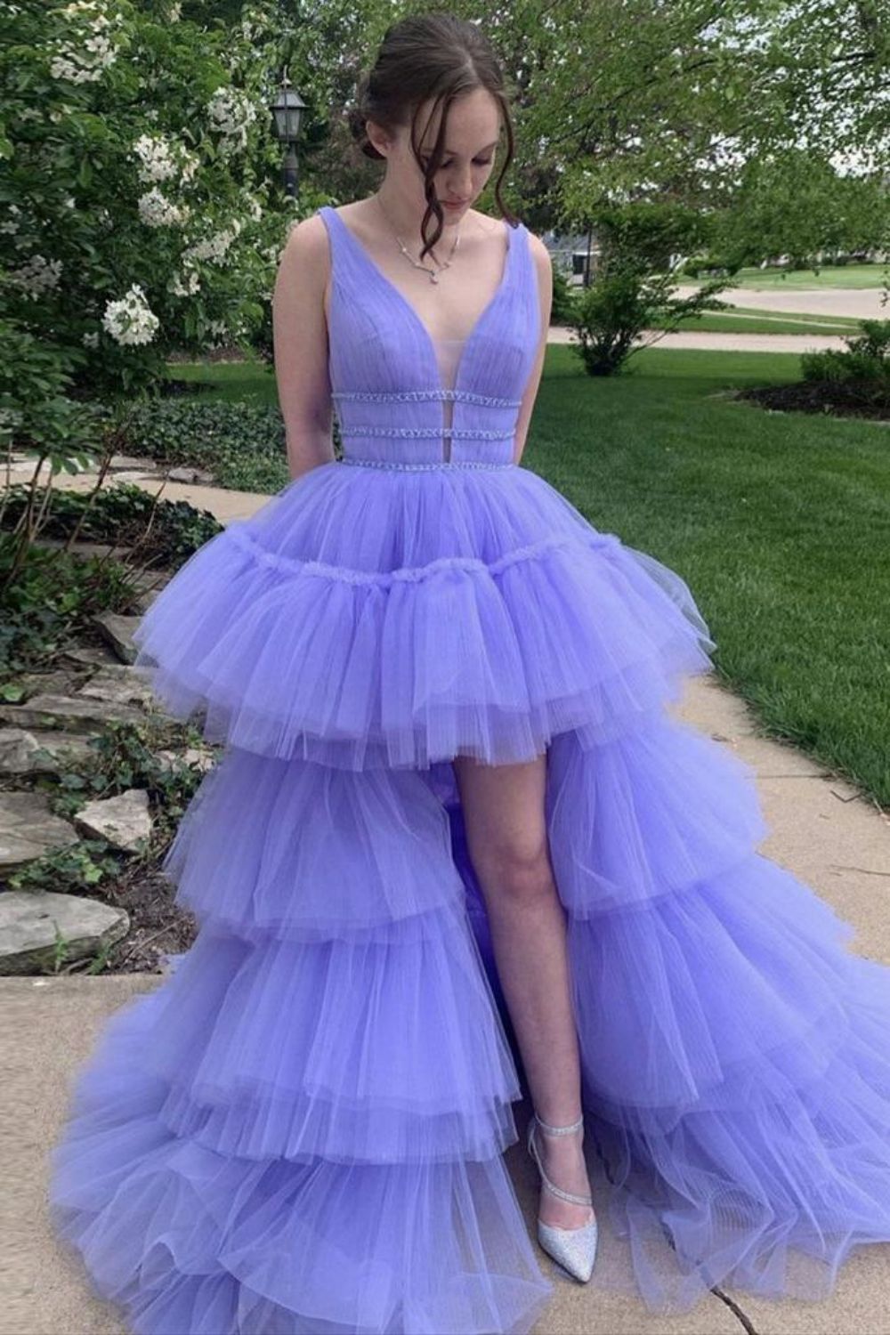 Weitese A-Line High Low Deep V Neck Lavender Long Prom Dress with Ruffles