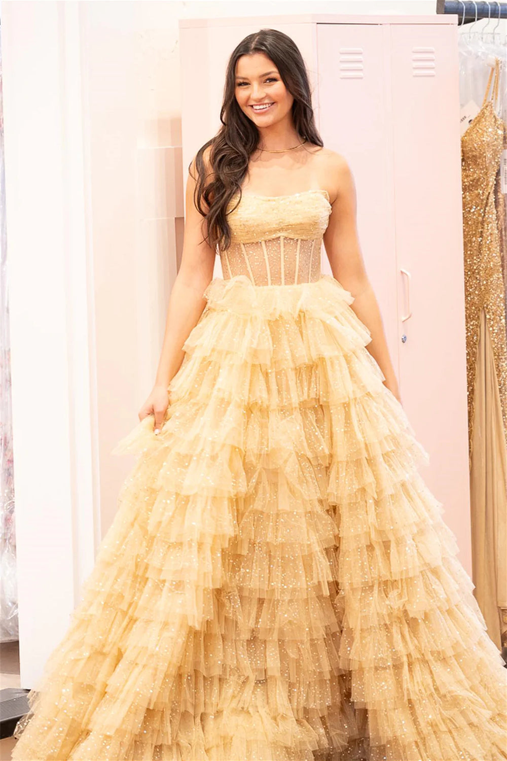 Weitese Sweet A-Line Strapless Long Tiered Glitter Tulle Prom Dress