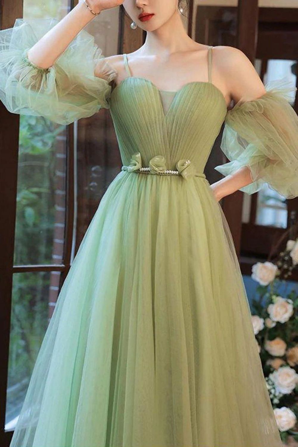 Weitese Charming A Line Off the Shoulder Green Floor Length Prom Dress