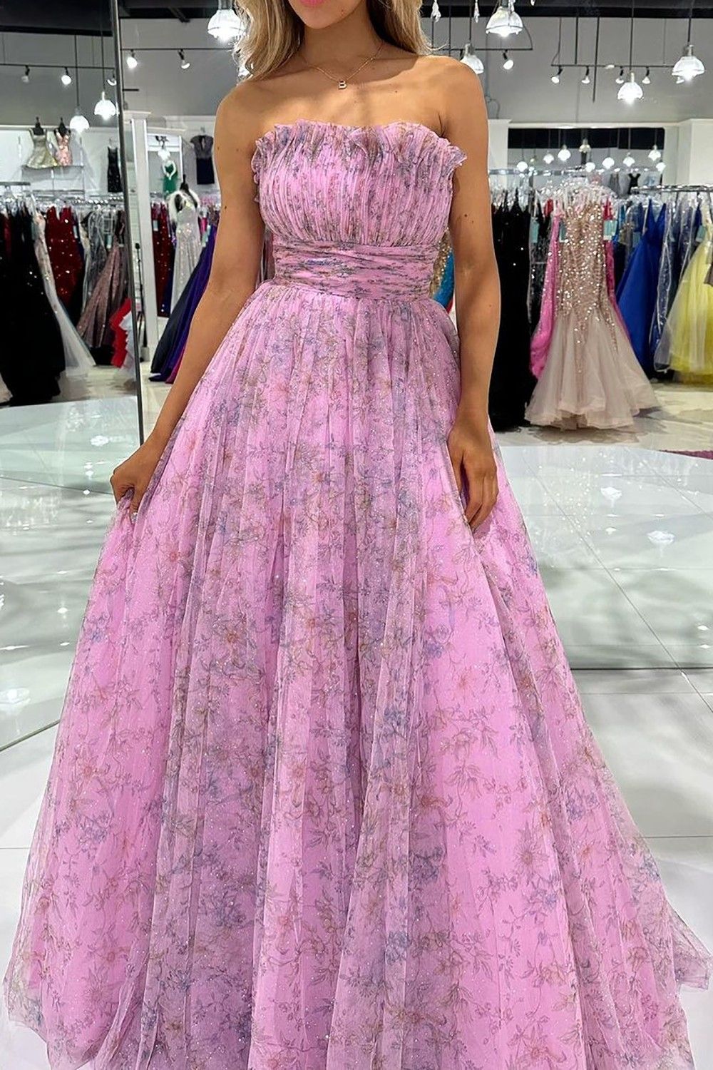 Weitese Gorgeous A Line Strapless Pink Floral Printed Long Prom Dress with Ruffles