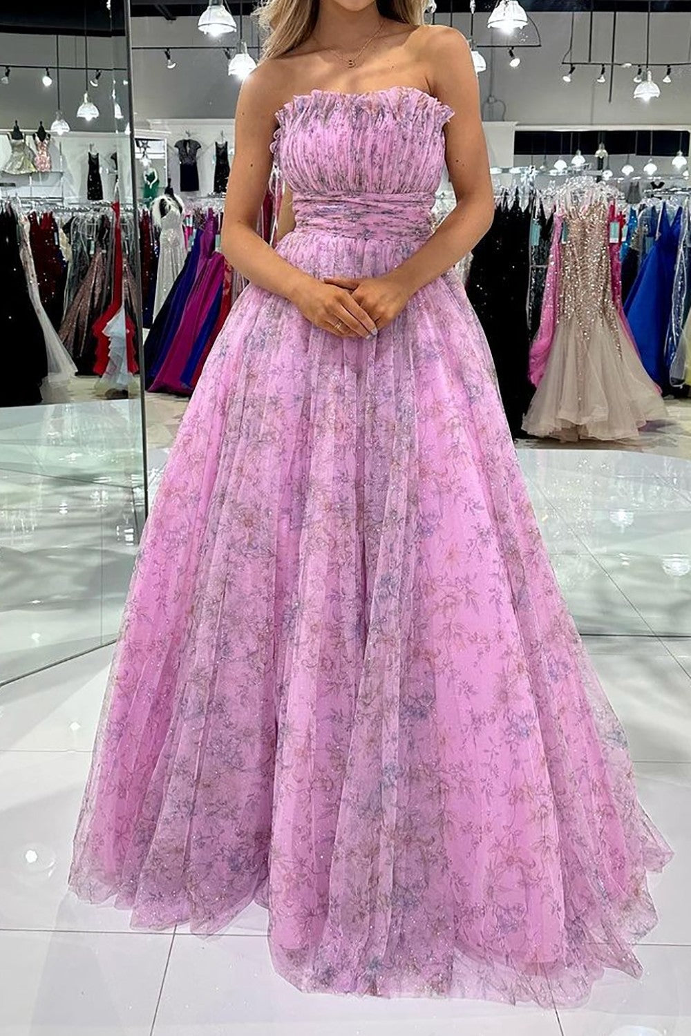 Weitese Gorgeous A Line Strapless Pink Floral Printed Long Prom Dress with Ruffles