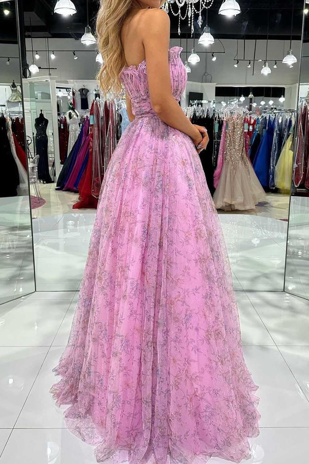 Weitese Gorgeous A Line Strapless Pink Floral Printed Long Prom Dress with Ruffles