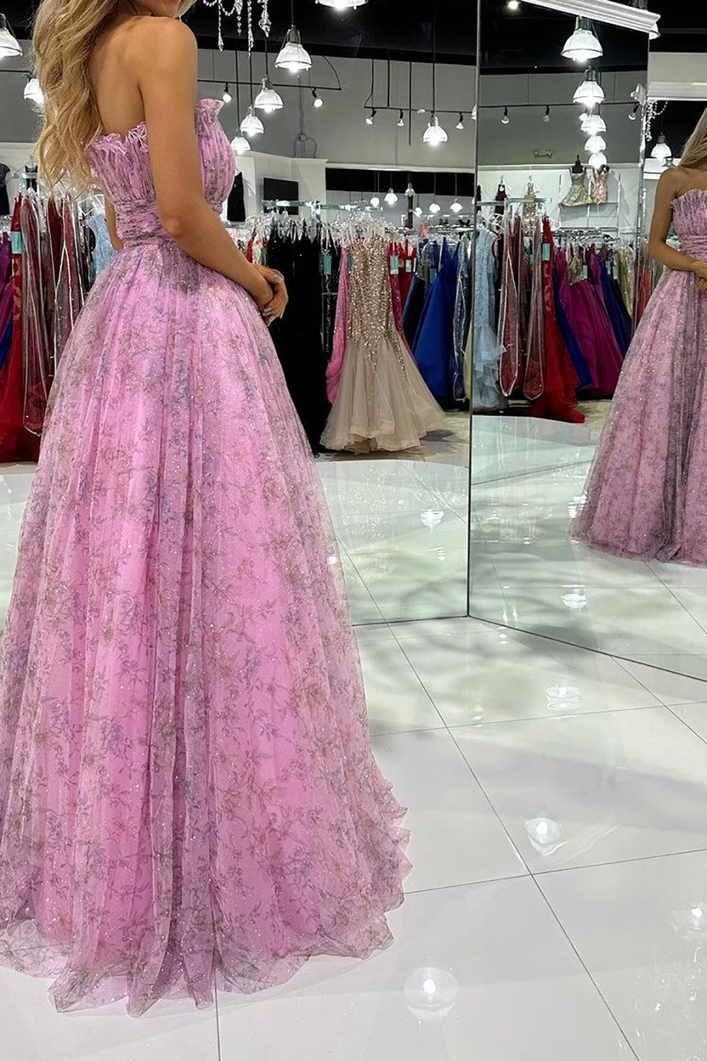 Weitese Gorgeous A Line Strapless Pink Floral Printed Long Prom Dress with Ruffles