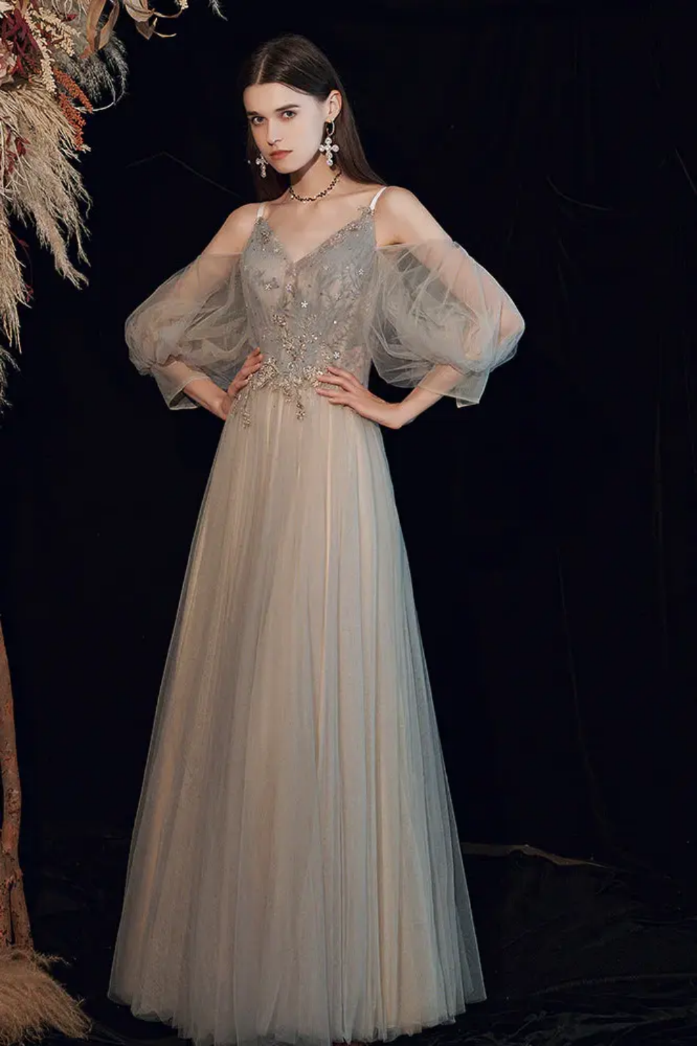 Weitese Beautiful A Line Off the Shoulder Light Grey Floor Length Formal Dress